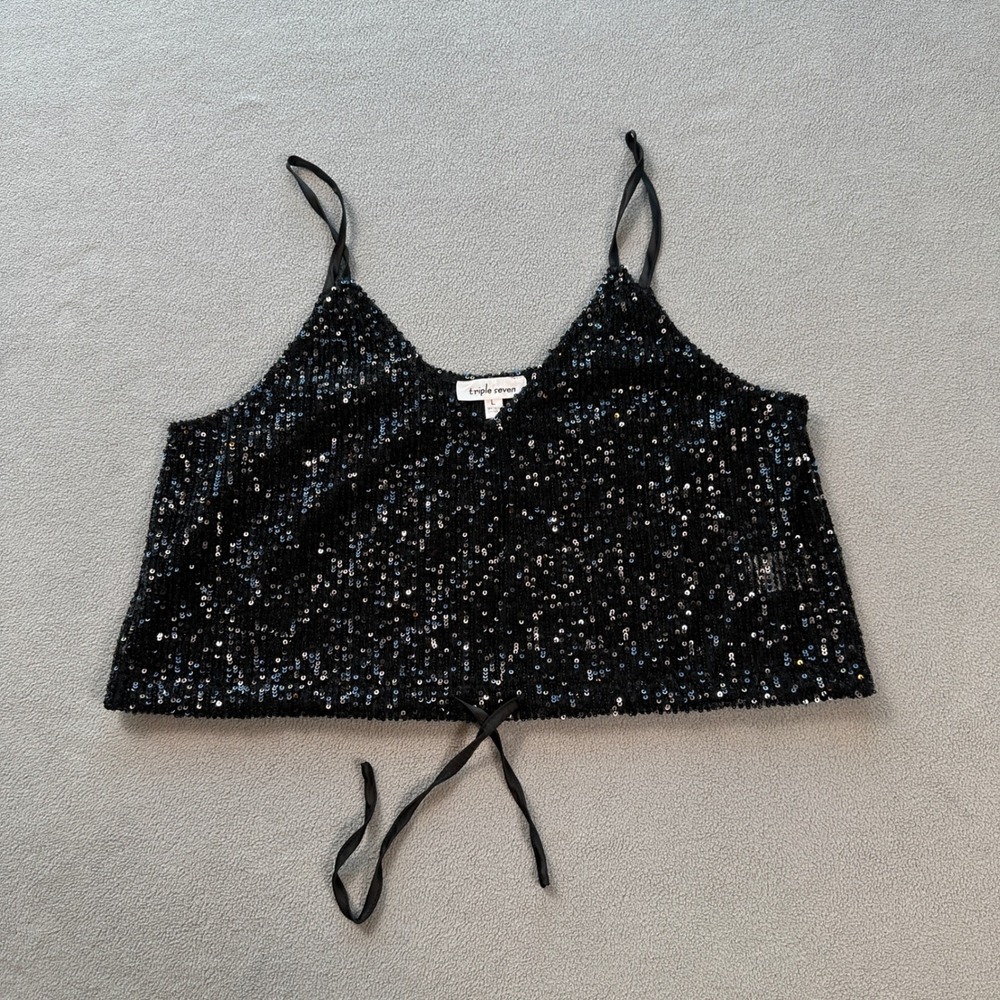 Triple Seven Sequin Cami Tank Top Black L Sparkly Adjustable Straps Tie V Neck
